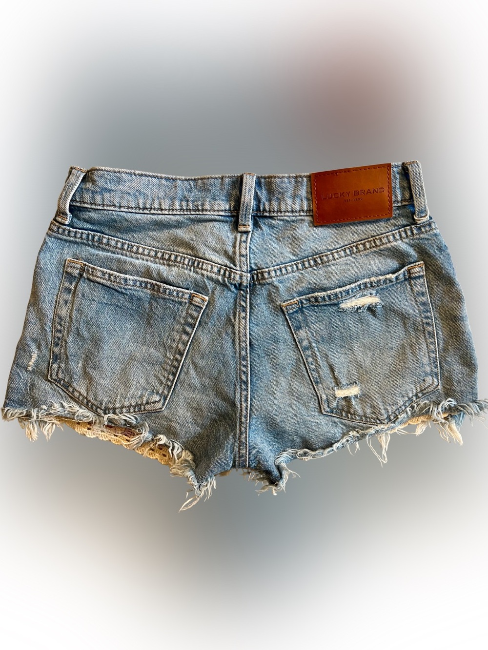 Lucky Brand Blue Denim Grandma Crochet Square Pocket Distressed Cutoff Shorts - Picture 3 of 6